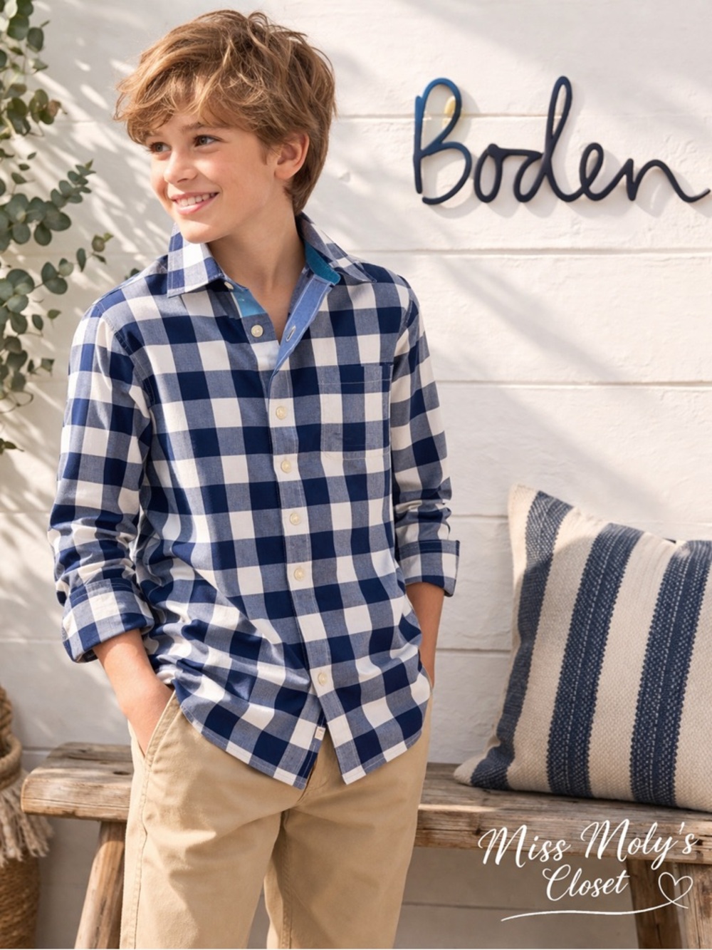 Boden Boys Blue Gingham Button Down Shirt 11-12Y Cotton Preppy